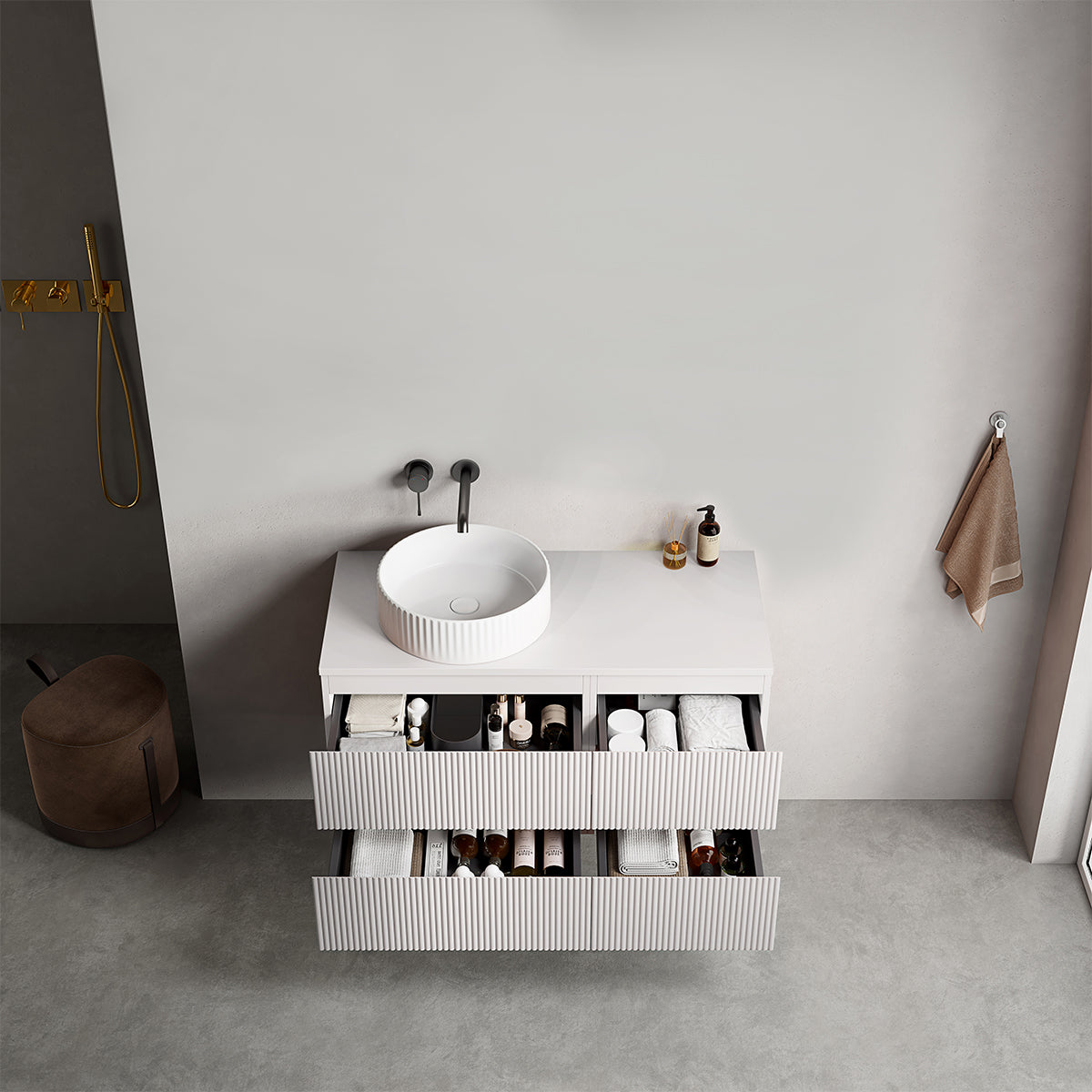 Mobile bagno sospeso cannettato reversibile  100 cm Bianco Opaco per Lavabo d'appoggio Senza Specchio - Fiji Paint Top Canneté