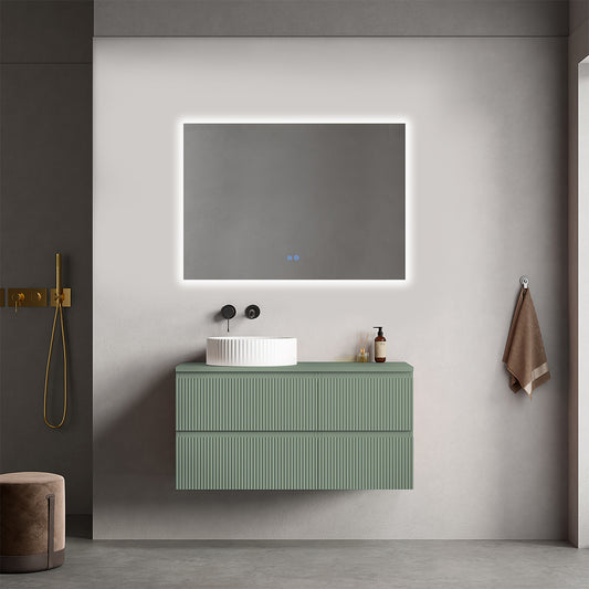 Mobile bagno sospeso cannettato reversibile  100 cm Verde Salvia per Lavabo d'appoggio Specchio Quadro Retroilluminato - Fiji Paint Top Canneté