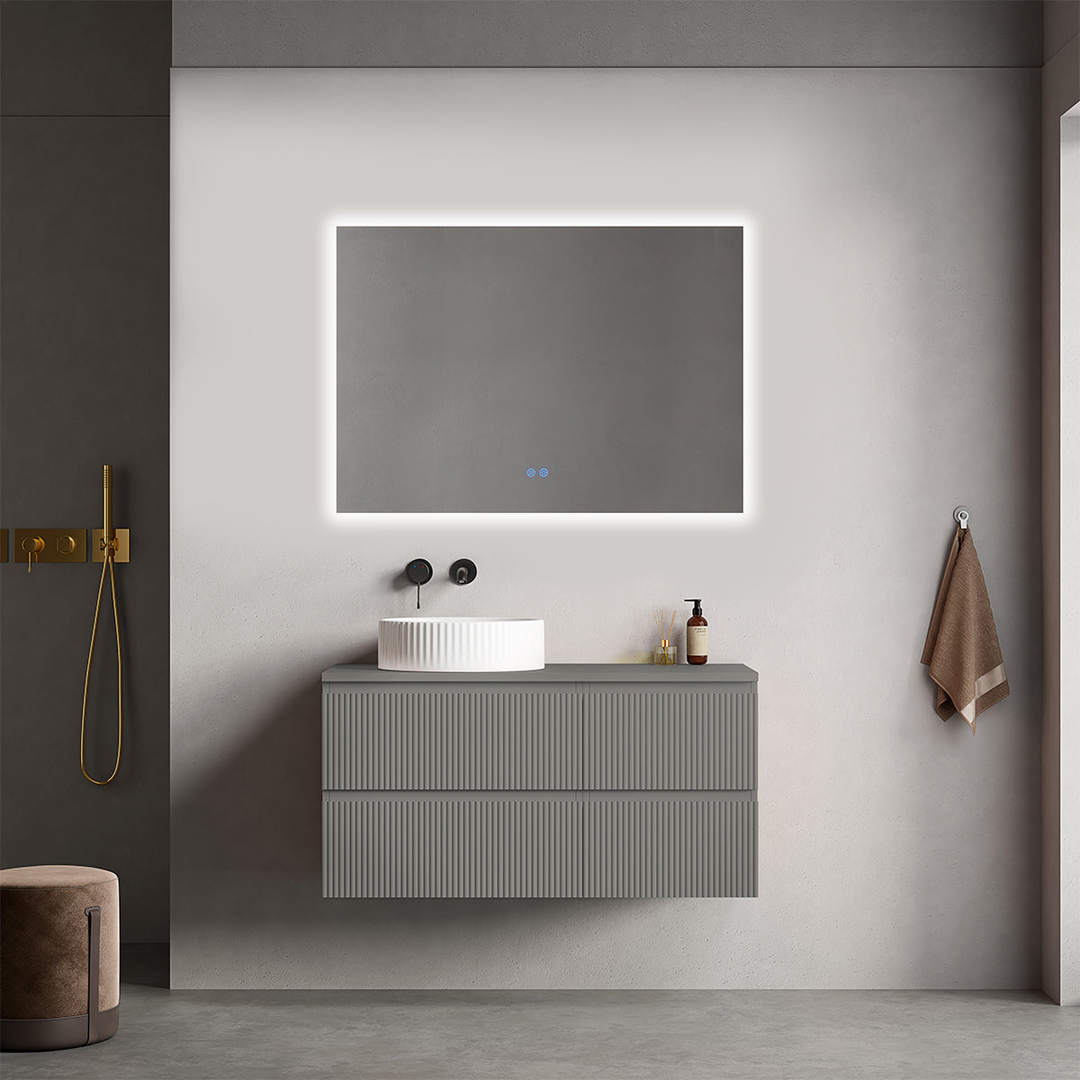 Mobile bagno sospeso cannettato reversibile  100 cm Grigio Londra per Lavabo d'appoggio Specchio Quadro Retroilluminato - Fiji Paint Top Canneté