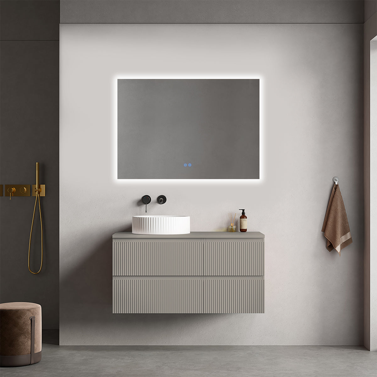 Mobile bagno sospeso cannettato reversibile  100 cm Grigio Cenere  per Lavabo d'appoggio Specchio Quadro Retroilluminato - Fiji Paint Top Canneté