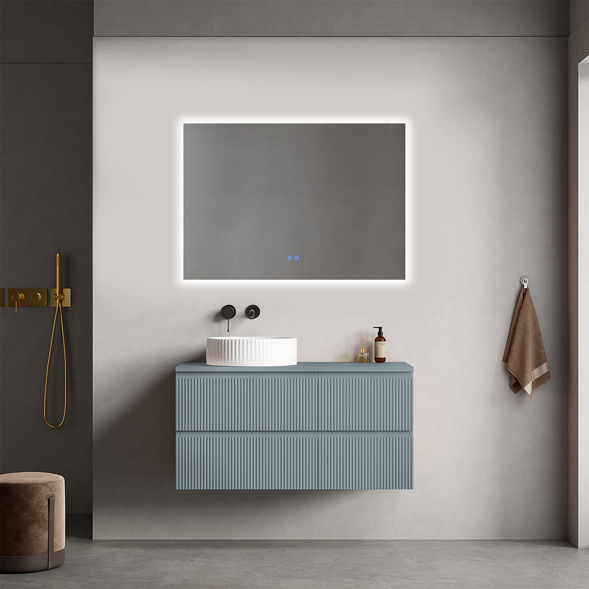 Mobile bagno sospeso cannettato reversibile  100 cm Blu Avio per Lavabo d'appoggio Specchio Quadro Retroilluminato - Fiji Paint Top Canneté