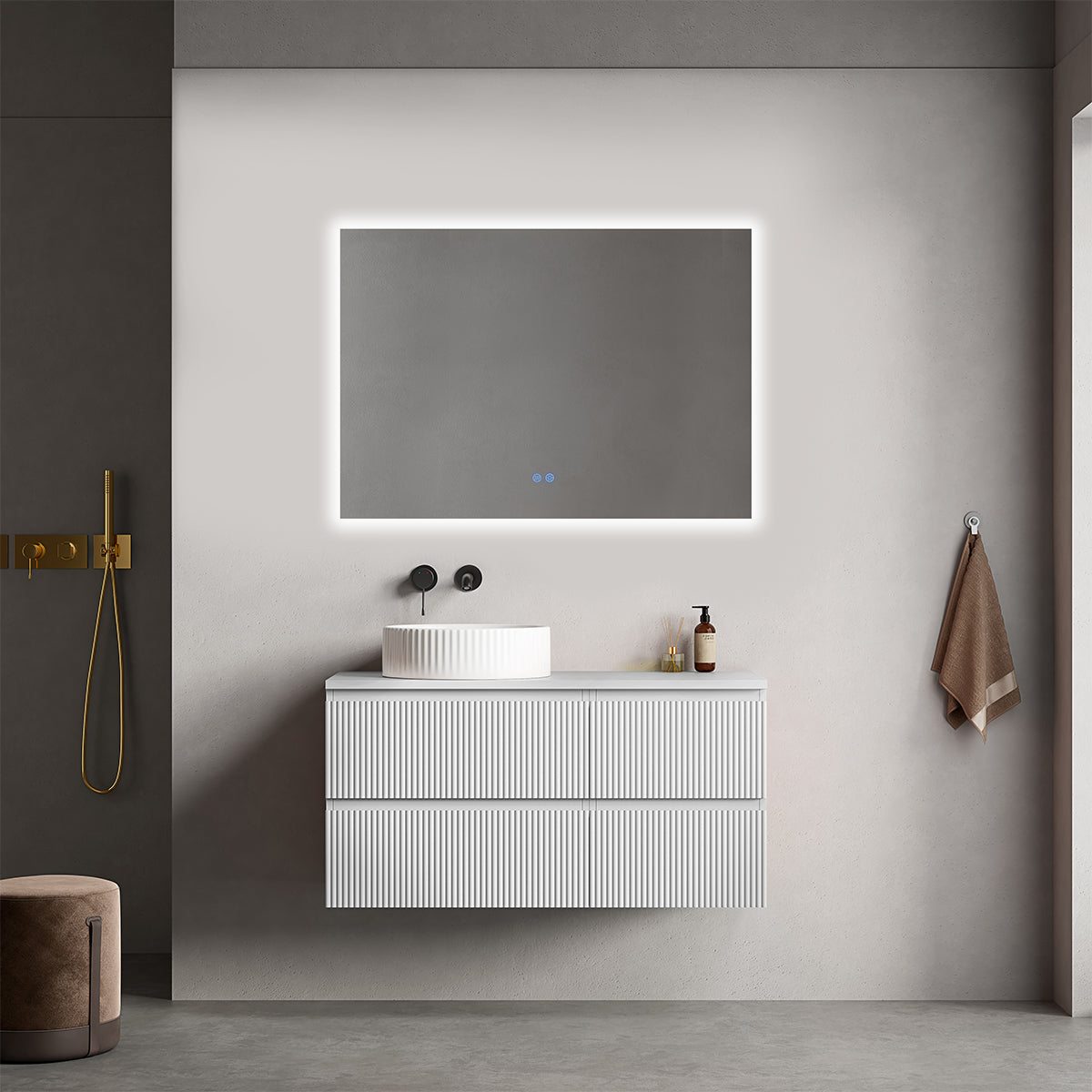 Mobile bagno sospeso cannettato reversibile  100 cm Bianco Opaco per Lavabo d'appoggio Specchio Quadro Retroilluminato - Fiji Paint Top Canneté