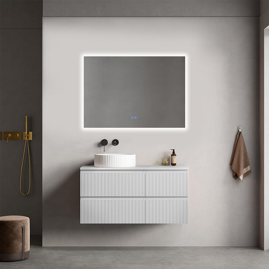 Mobile bagno sospeso cannettato reversibile  100 cm Bianco Opaco per Lavabo d'appoggio Specchio Quadro Retroilluminato - Fiji Paint Top Canneté