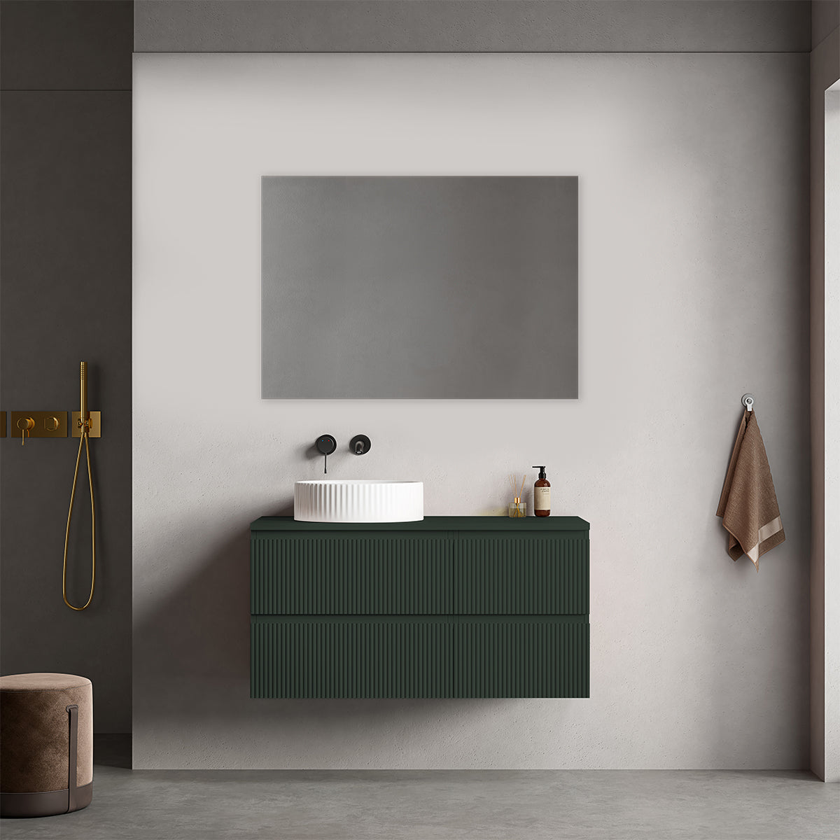 Mobile bagno sospeso cannettato reversibile  100 cm Verde Comodoro  per Lavabo d'appoggio Specchio Quadro - Fiji Paint Top Canneté