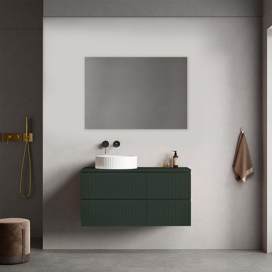 Mobile bagno sospeso cannettato reversibile  100 cm Verde Comodoro  per Lavabo d'appoggio Specchio Quadro - Fiji Paint Top Canneté