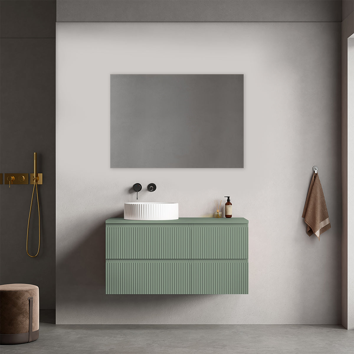 Mobile bagno sospeso cannettato reversibile  100 cm Verde Salvia per Lavabo d'appoggio Specchio Quadro - Fiji Paint Top Canneté