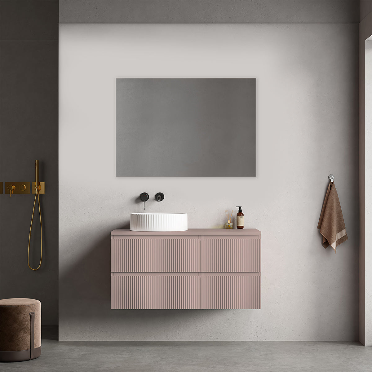 Mobile bagno sospeso cannettato reversibile  100 cm Rosa Retrò per Lavabo d'appoggio Specchio Quadro - Fiji Paint Top Canneté