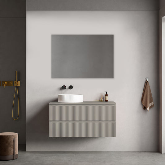 Mobile bagno sospeso cannettato reversibile  100 cm Grigio Cenere  per Lavabo d'appoggio Specchio Quadro - Fiji Paint Top Canneté
