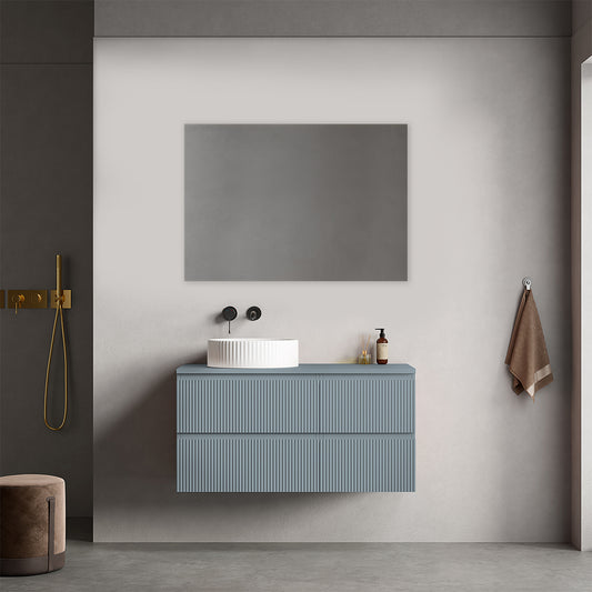 Mobile bagno sospeso cannettato reversibile  100 cm Blu Avio per Lavabo d'appoggio Specchio Quadro - Fiji Paint Top Canneté