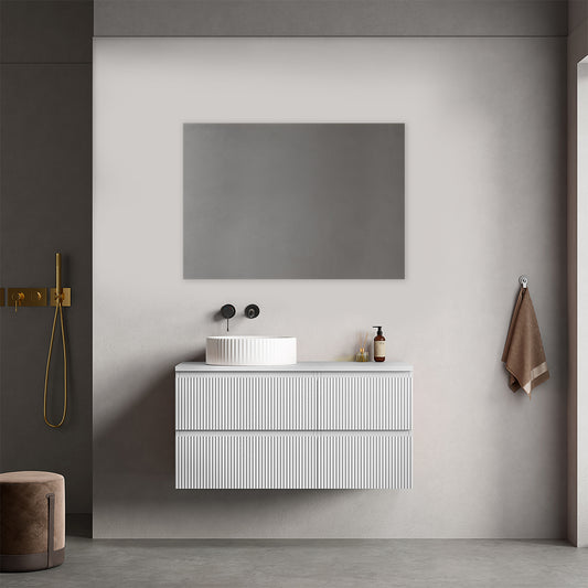 Mobile bagno sospeso cannettato reversibile  100 cm Bianco Opaco per Lavabo d'appoggio Specchio Quadro - Fiji Paint Top Canneté