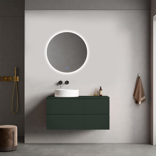 Mobile bagno sospeso cannettato reversibile  100 cm Verde Comodoro  per Lavabo d'appoggio Specchio Tondo Retroilluminato - Fiji Paint Top Canneté