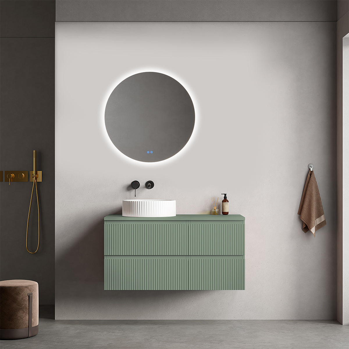 Mobile bagno sospeso cannettato reversibile  100 cm Verde Salvia per Lavabo d'appoggio Specchio Tondo Retroilluminato - Fiji Paint Top Canneté