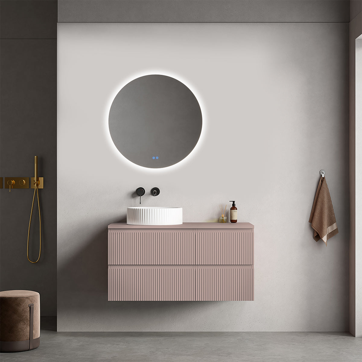 Mobile bagno sospeso cannettato reversibile  100 cm Rosa Retrò per Lavabo d'appoggio Specchio Tondo Retroilluminato - Fiji Paint Top Canneté