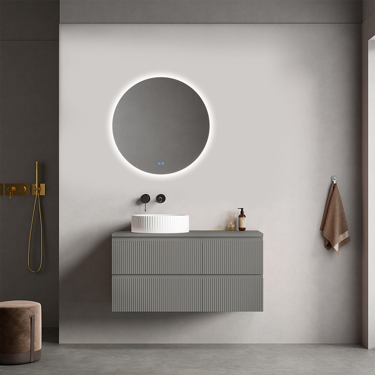 Mobile bagno sospeso cannettato reversibile  100 cm Grigio Londra per Lavabo d'appoggio Specchio Tondo Retroilluminato - Fiji Paint Top Canneté