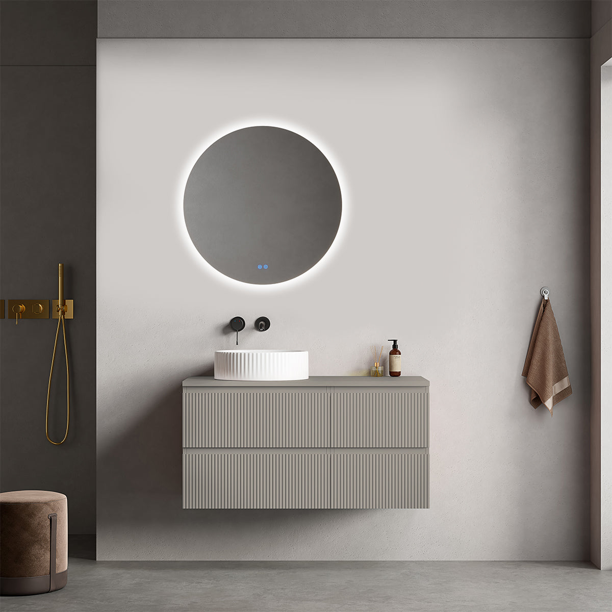 Mobile bagno sospeso cannettato reversibile  100 cm Grigio Cenere  per Lavabo d'appoggio Specchio Tondo Retroilluminato - Fiji Paint Top Canneté