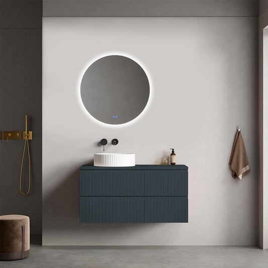 Mobile bagno sospeso cannettato reversibile  100 cm Blu Mare per Lavabo d'appoggio Specchio Tondo Retroilluminato - Fiji Paint Top Canneté