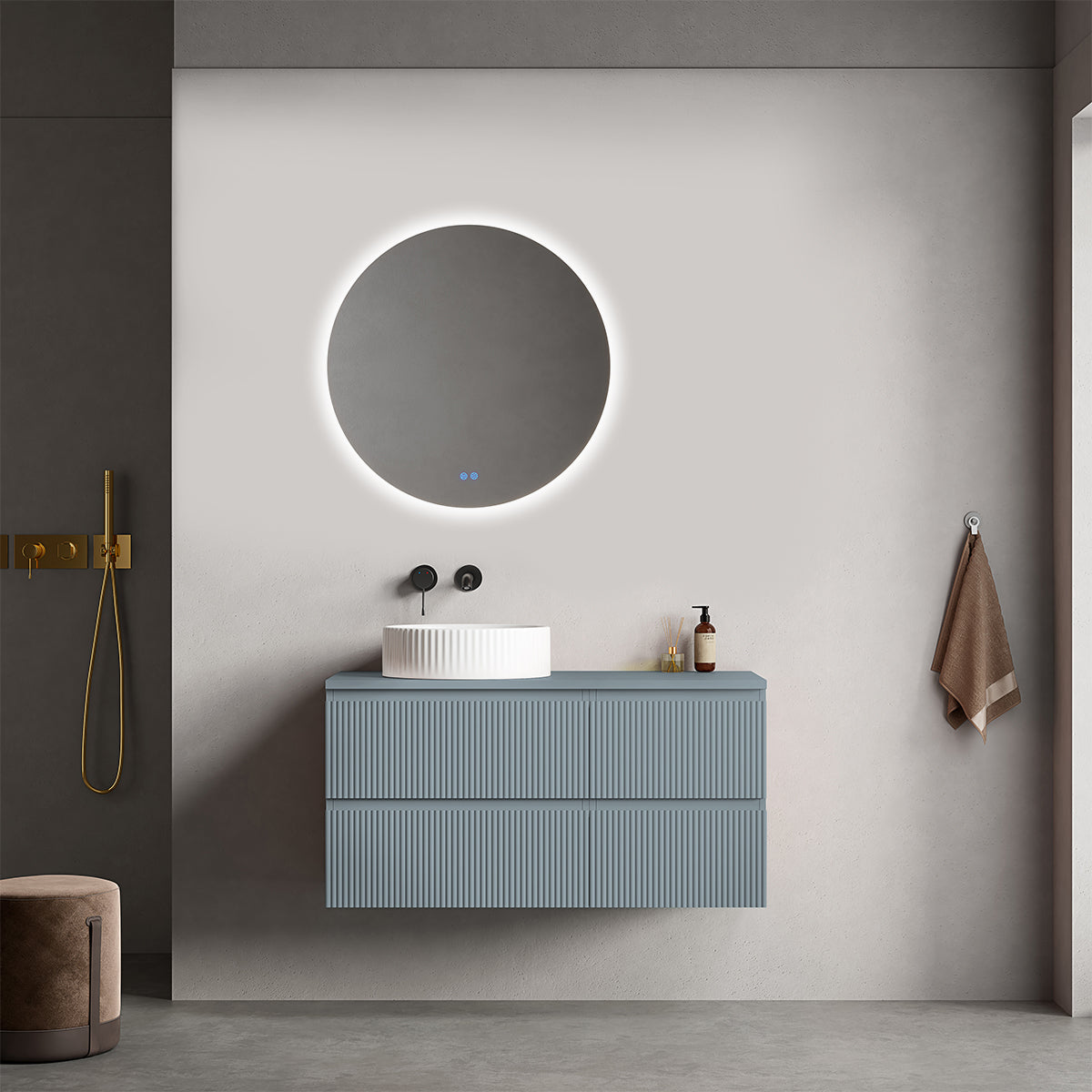 Mobile bagno sospeso cannettato reversibile  100 cm Blu Avio per Lavabo d'appoggio Specchio Tondo Retroilluminato - Fiji Paint Top Canneté