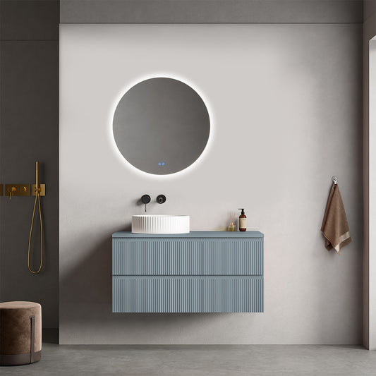 Mobile bagno sospeso cannettato reversibile  100 cm Blu Avio per Lavabo d'appoggio Specchio Tondo Retroilluminato - Fiji Paint Top Canneté