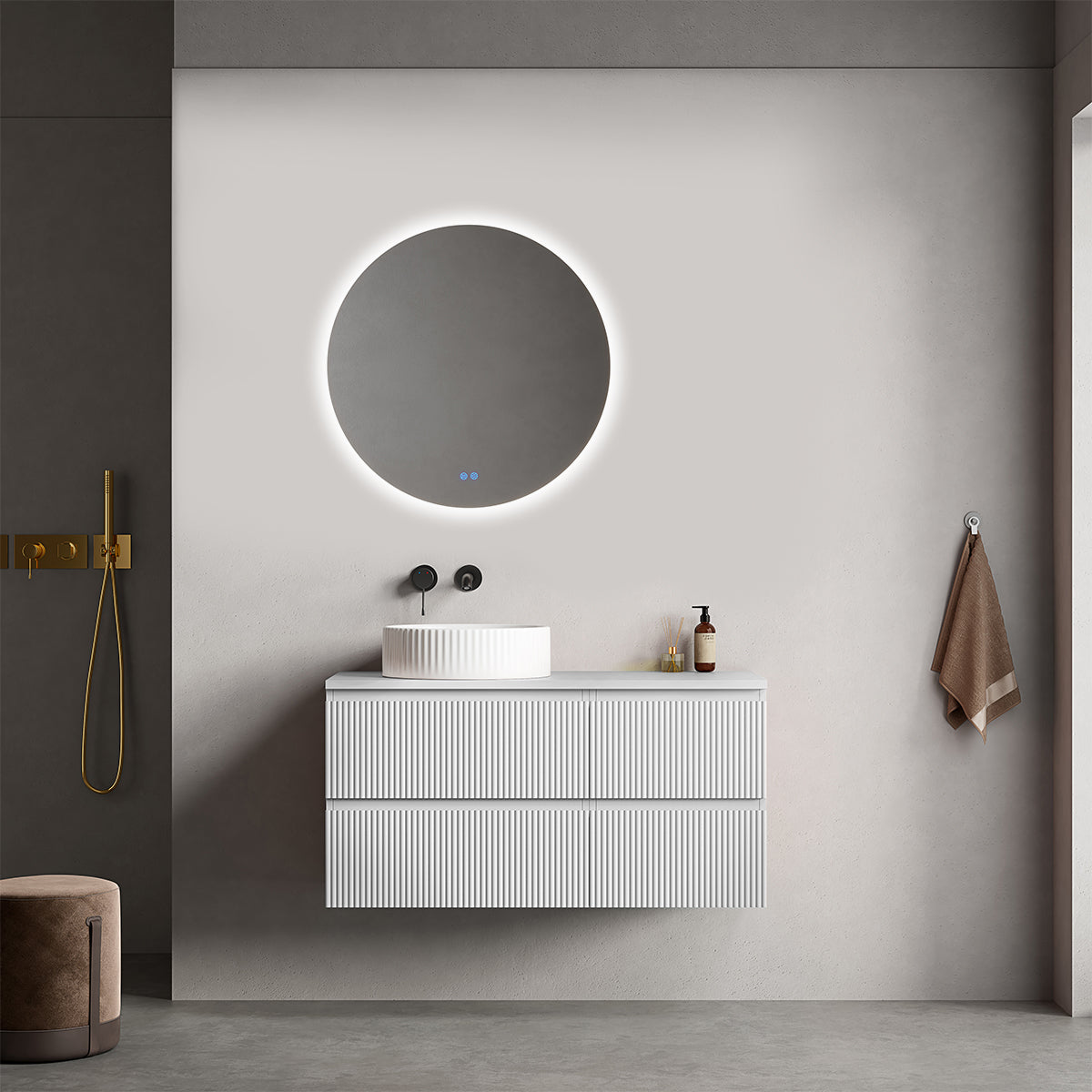 Mobile bagno sospeso cannettato reversibile  100 cm Bianco Opaco per Lavabo d'appoggio Specchio Tondo Retroilluminato - Fiji Paint Top Canneté