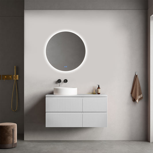 Mobile bagno sospeso cannettato reversibile  100 cm Bianco Opaco per Lavabo d'appoggio Specchio Tondo Retroilluminato - Fiji Paint Top Canneté