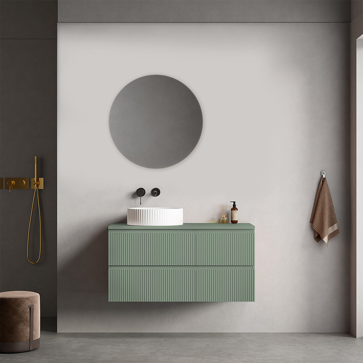 Mobile bagno sospeso cannettato reversibile  100 cm Verde Salvia per Lavabo d'appoggio Specchio Tondo - Fiji Paint Top Canneté