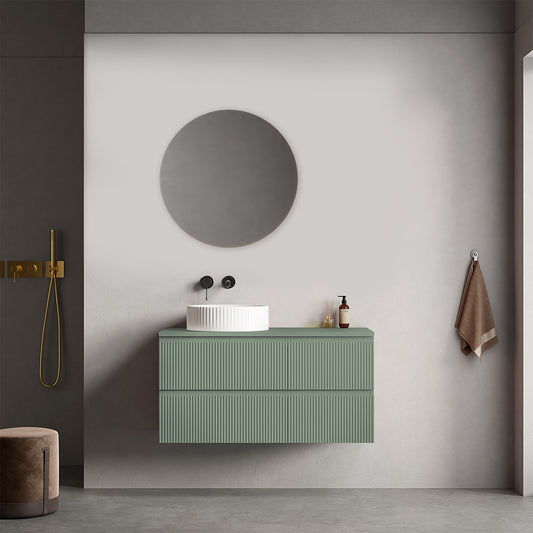 Mobile bagno sospeso cannettato reversibile  100 cm Verde Salvia per Lavabo d'appoggio Specchio Tondo - Fiji Paint Top Canneté