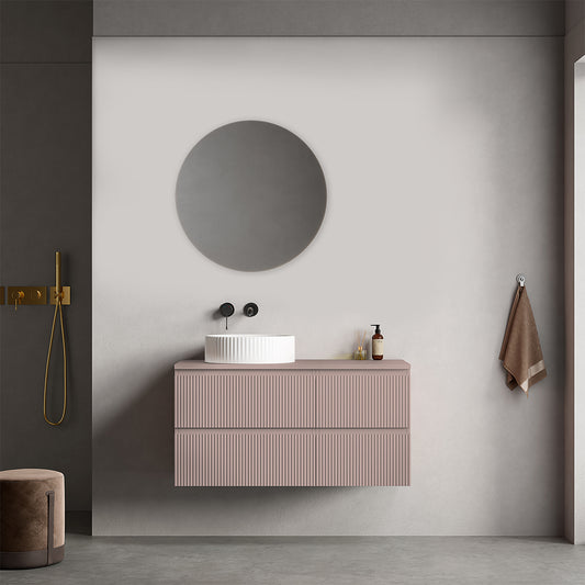 Mobile bagno sospeso cannettato reversibile  100 cm Rosa Retrò per Lavabo d'appoggio Specchio Tondo - Fiji Paint Top Canneté