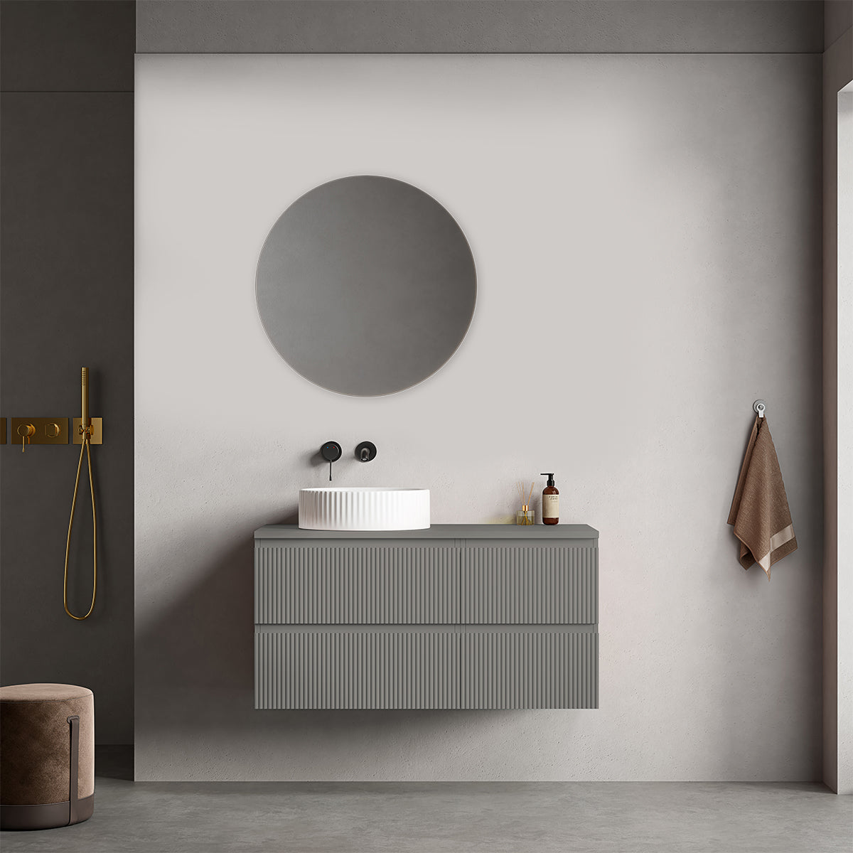 Mobile bagno sospeso cannettato reversibile  100 cm Grigio Londra per Lavabo d'appoggio Specchio Tondo - Fiji Paint Top Canneté