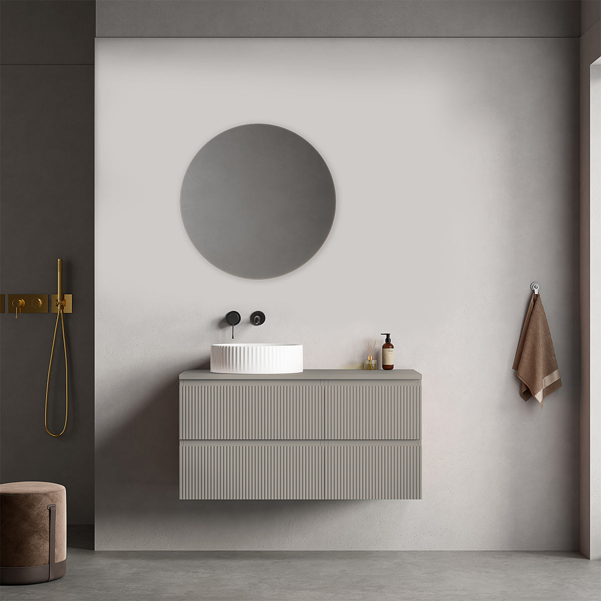 Mobile bagno sospeso cannettato reversibile  100 cm Grigio Cenere  per Lavabo d'appoggio Specchio Tondo - Fiji Paint Top Canneté