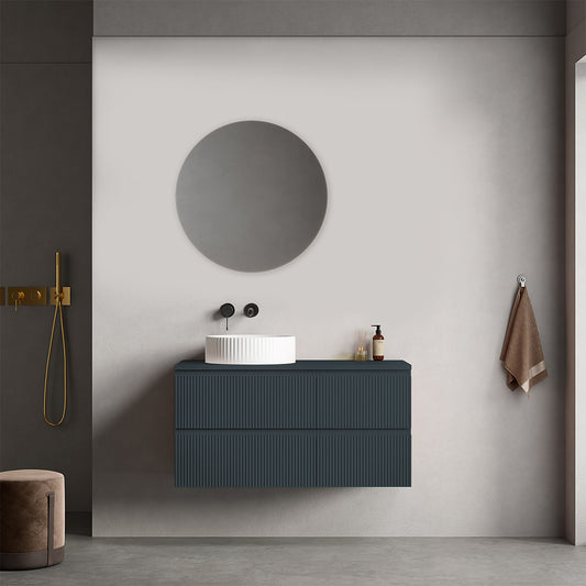 Mobile bagno sospeso cannettato reversibile  100 cm Blu Mare per Lavabo d'appoggio Specchio Tondo - Fiji Paint Top Canneté