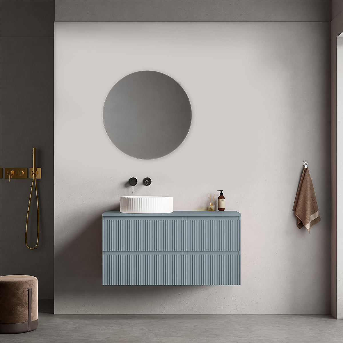 Mobile bagno sospeso cannettato reversibile  100 cm Blu Avio per Lavabo d'appoggio Specchio Tondo - Fiji Paint Top Canneté
