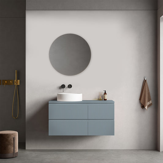 Mobile bagno sospeso cannettato reversibile  100 cm Blu Avio per Lavabo d'appoggio Specchio Tondo - Fiji Paint Top Canneté