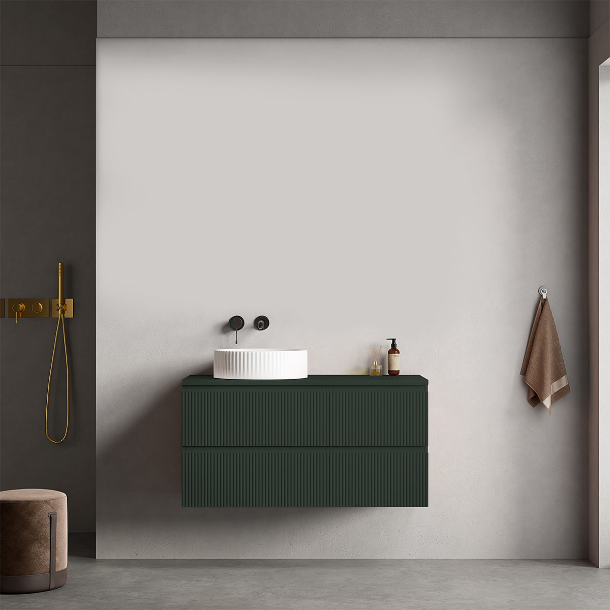 Mobile bagno sospeso cannettato reversibile  100 cm Verde Comodoro  per Lavabo d'appoggio Senza Specchio - Fiji Paint Top Canneté
