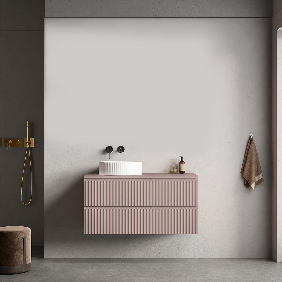 Mobile bagno sospeso cannettato reversibile  100 cm Rosa Retrò per Lavabo d'appoggio Senza Specchio - Fiji Paint Top Canneté