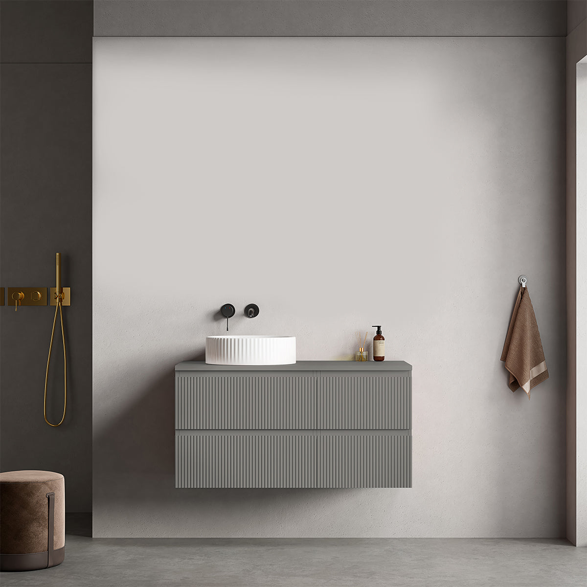 Mobile bagno sospeso cannettato reversibile  100 cm Grigio Londra per Lavabo d'appoggio Senza Specchio - Fiji Paint Top Canneté