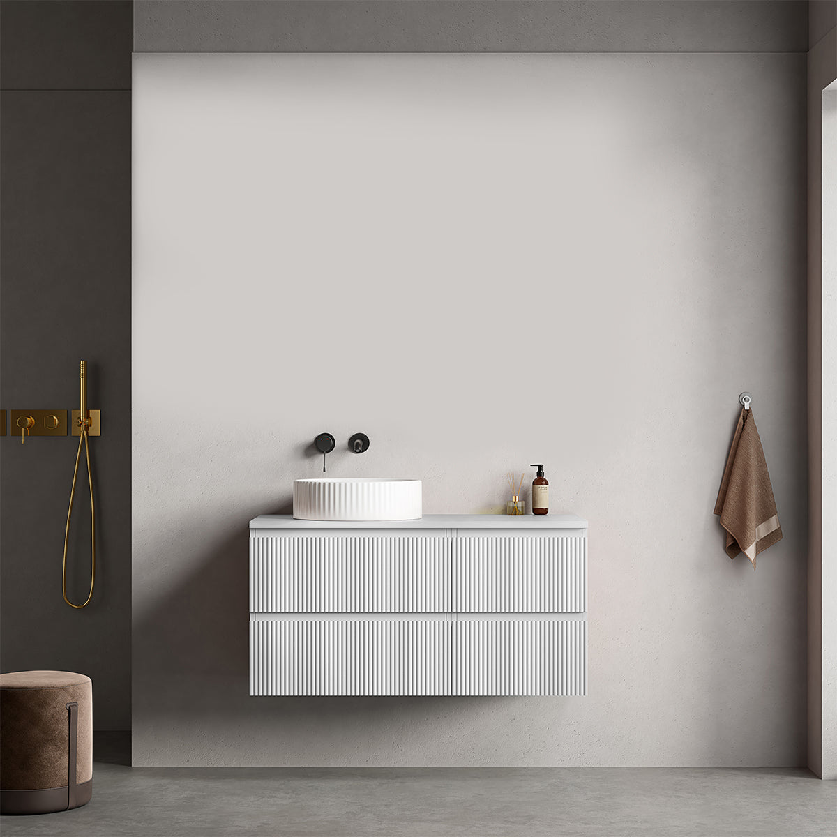 Mobile bagno sospeso cannettato reversibile  100 cm Bianco Opaco per Lavabo d'appoggio Senza Specchio - Fiji Paint Top Canneté