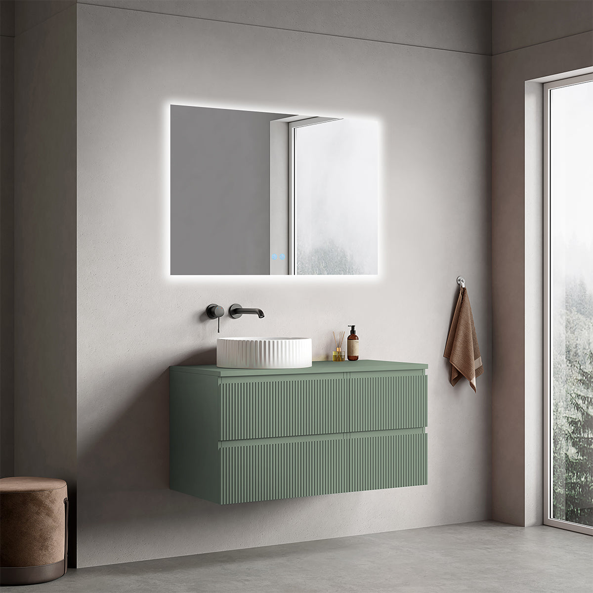 Mobile bagno sospeso cannettato reversibile  100 cm Verde Salvia per Lavabo d'appoggio Specchio Quadro Retroilluminato - Fiji Paint Top Canneté