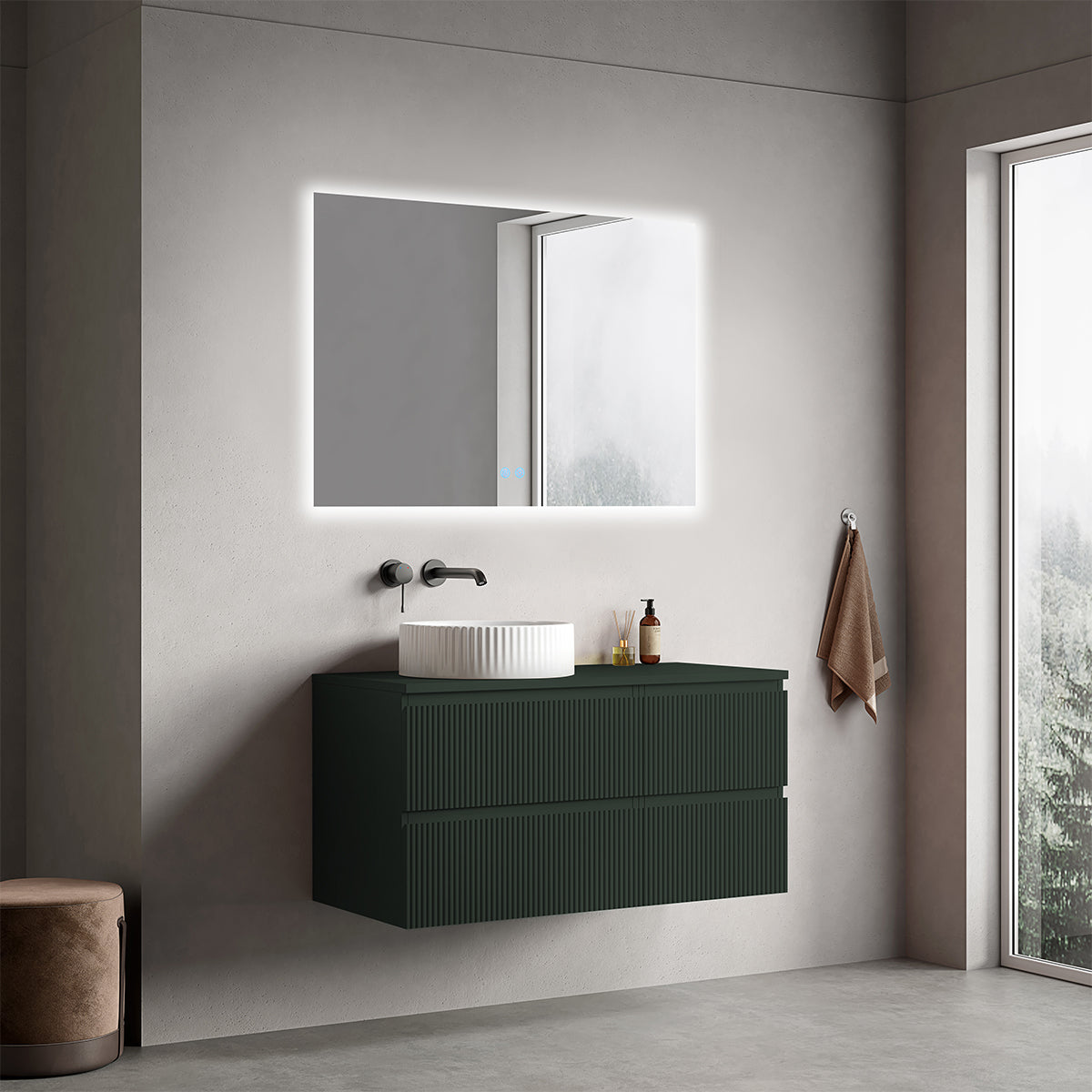 Mobile bagno sospeso cannettato reversibile  100 cm Verde Comodoro  per Lavabo d'appoggio Specchio Quadro Retroilluminato - Fiji Paint Top Canneté