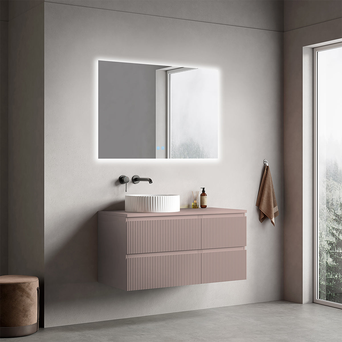 Mobile bagno sospeso cannettato reversibile  100 cm Rosa Retrò per Lavabo d'appoggio Specchio Quadro Retroilluminato - Fiji Paint Top Canneté