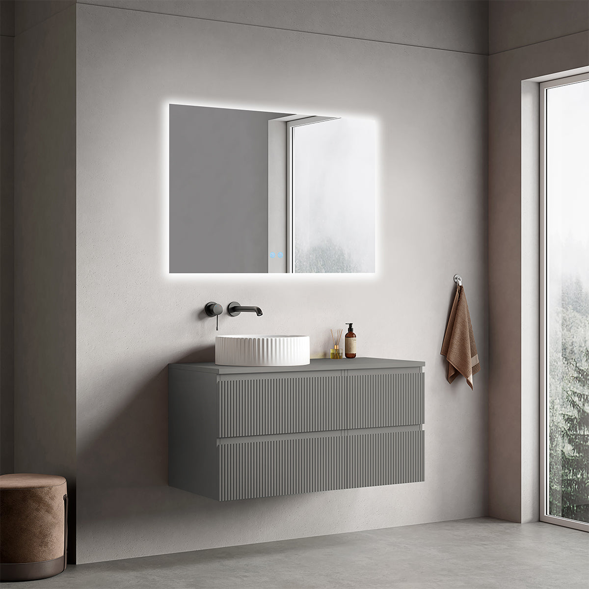 Mobile bagno sospeso cannettato reversibile  100 cm Grigio Londra per Lavabo d'appoggio Specchio Quadro Retroilluminato - Fiji Paint Top Canneté