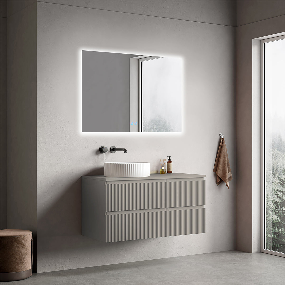 Mobile bagno sospeso cannettato reversibile  100 cm Grigio Cenere  per Lavabo d'appoggio Specchio Quadro Retroilluminato - Fiji Paint Top Canneté