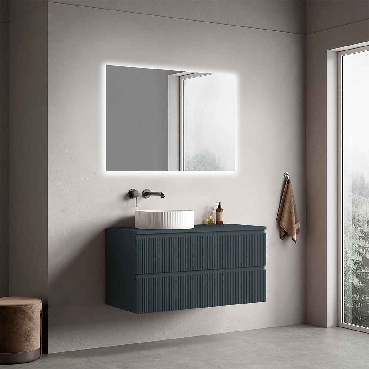 Mobile bagno sospeso cannettato reversibile  100 cm Blu Mare per Lavabo d'appoggio Specchio Quadro Retroilluminato - Fiji Paint Top Canneté