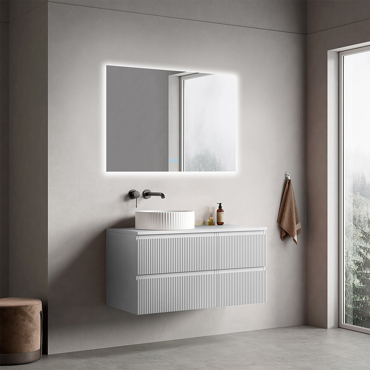 Mobile bagno sospeso cannettato reversibile  100 cm Bianco Opaco per Lavabo d'appoggio Specchio Quadro Retroilluminato - Fiji Paint Top Canneté