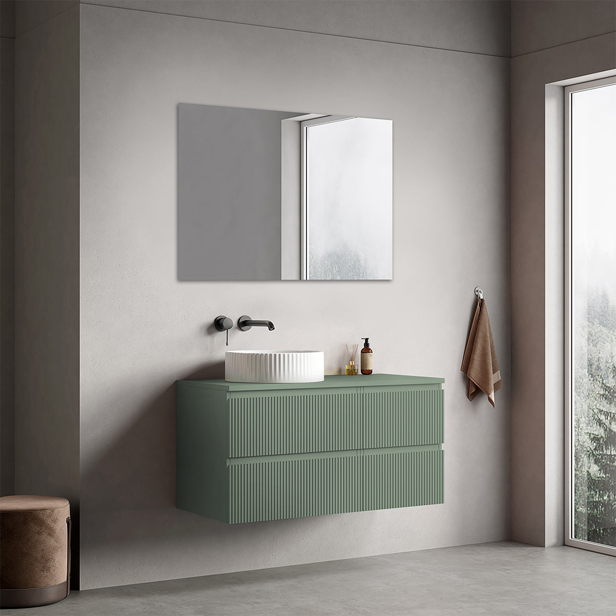Mobile bagno sospeso cannettato reversibile  100 cm Verde Salvia per Lavabo d'appoggio Specchio Quadro - Fiji Paint Top Canneté