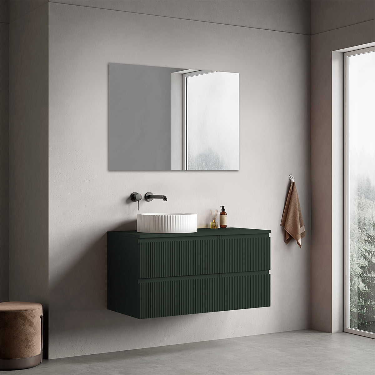 Mobile bagno sospeso cannettato reversibile  100 cm Verde Comodoro  per Lavabo d'appoggio Specchio Quadro - Fiji Paint Top Canneté