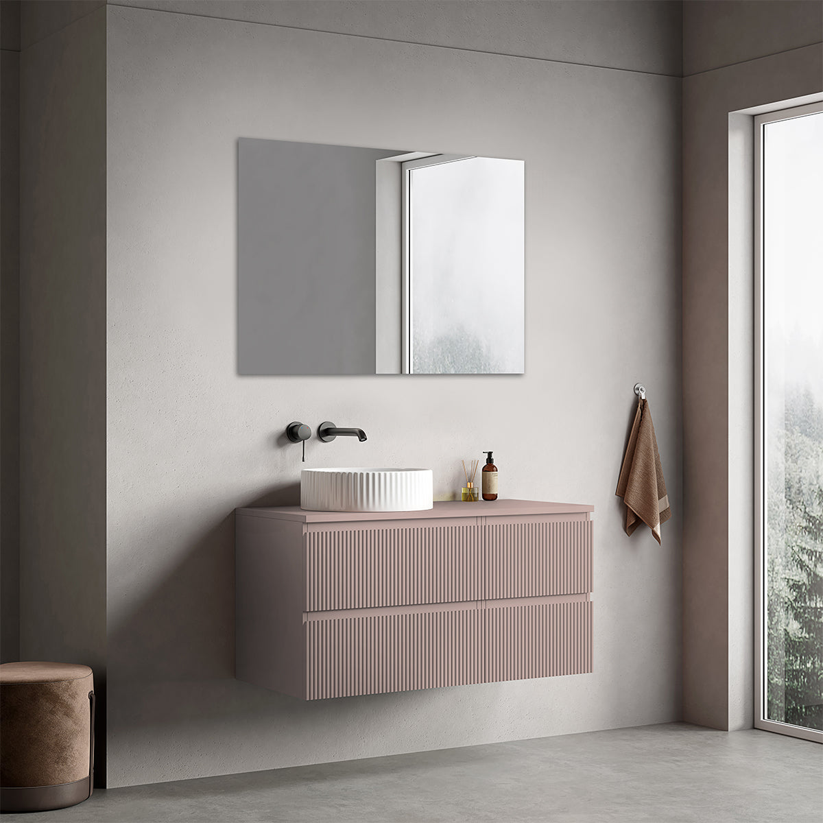 Mobile bagno sospeso cannettato reversibile  100 cm Rosa Retrò per Lavabo d'appoggio Specchio Quadro - Fiji Paint Top Canneté