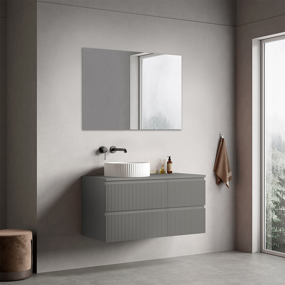 Mobile bagno sospeso cannettato reversibile  100 cm Grigio Londra per Lavabo d'appoggio Specchio Quadro - Fiji Paint Top Canneté