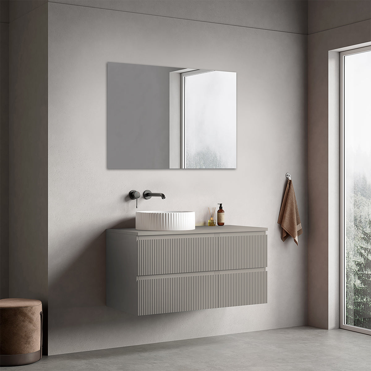 Mobile bagno sospeso cannettato reversibile  100 cm Grigio Cenere  per Lavabo d'appoggio Specchio Quadro - Fiji Paint Top Canneté