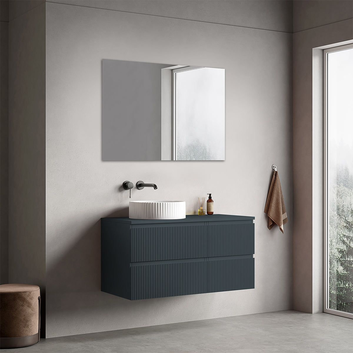Mobile bagno sospeso cannettato reversibile  100 cm Blu Mare per Lavabo d'appoggio Specchio Quadro - Fiji Paint Top Canneté