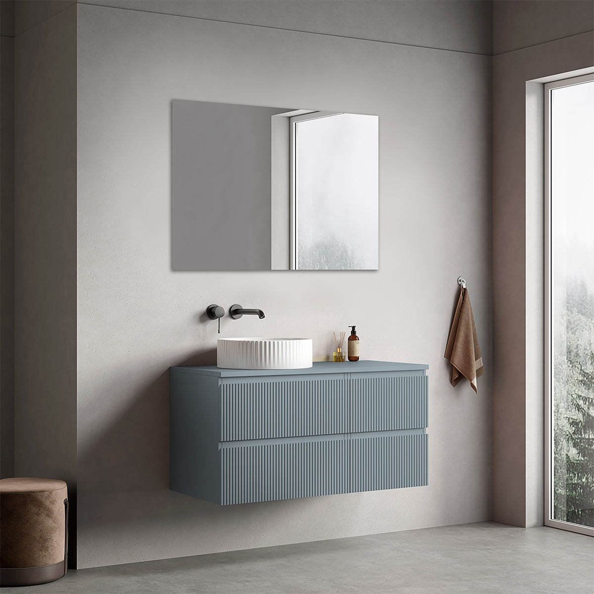 Mobile bagno sospeso cannettato reversibile  100 cm Blu Avio per Lavabo d'appoggio Specchio Quadro - Fiji Paint Top Canneté